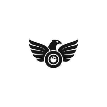 Black eagle with camera lens symbol logo. Modern bird icon for photography, vision, freedom, and strength concept design.