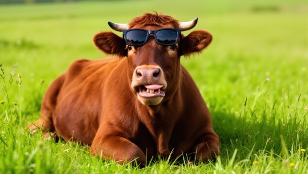 A playful brown cow with a goofy expression and oversized sunglasses lounges in a green meadow, adding a
