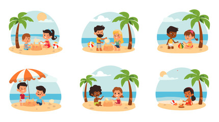 A cheerful cartoon man stands on a sandy beach with a serene ocean background, evoking a sense of summer relaxation and leisure. © mita