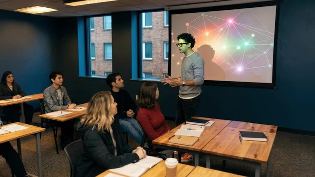 Trainer demonstrating deposit processing steps to a small group projector screen glowing with visuals and attendees in gentle focus behind.