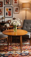 Obraz premium Mid Century Modern Living Room With Vintage Accents And Daisies