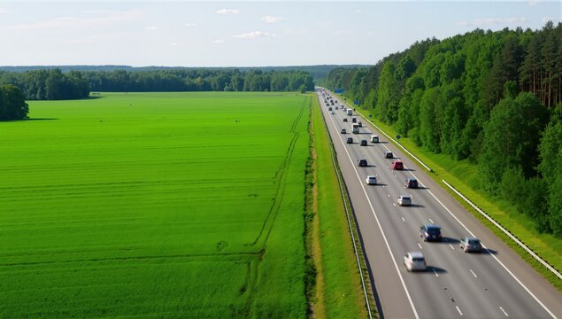 Green feilds and highway mooving cars veiw from side. The road along fields and forests
