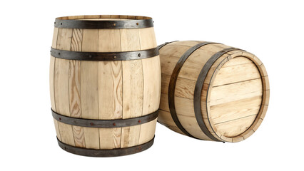 Fototapeta premium Two wooden barrels with metal hoops on a black background