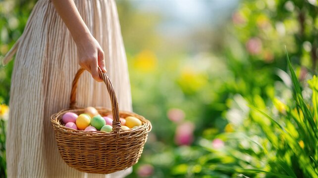 Woman holding wicker basket with colorful painted eggs in spring garden. Happy Easter tradition. Religious holiday celebration. Symbolic spring activity, egg hunt in sunny nature.