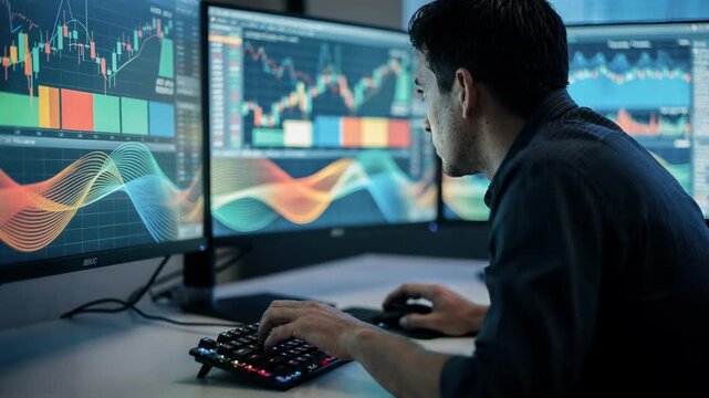 Shot of a keyboard operator working amid screens filled with layered currency exchange data heatmaps and reserve stats the foreground sharply in focus.