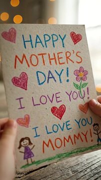 A child's handmade Mother's Day card filled with love and warmth. The card features colorful drawings and heartfelt messages, celebrating the special bond between mother and child