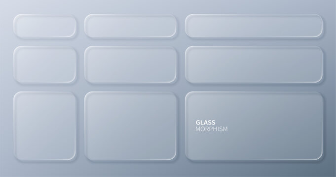 Set of frosted glass morphism rectangles on grey background. Translucent gui elements for user interface design. Minimalist vector web background for modern digital software application.
