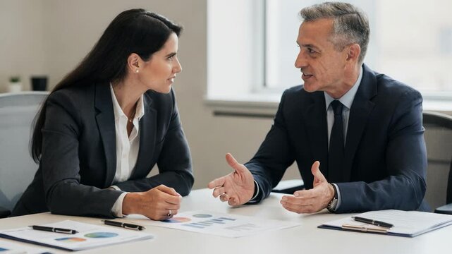 Loan officer pointing at a chart while talking to a small business owner medium shot emphasizing their focused interaction background indistinct.