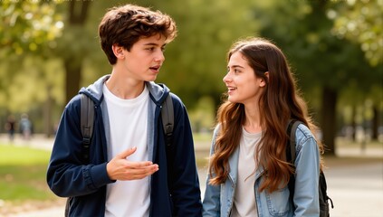 Fototapeta premium teenage boy and girl outdoors portrait, communicating and walking together 