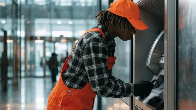 Medium shot of a technician unlocking an ATM machine indoors the foreground sharply focused while the lobby background blurs softly.