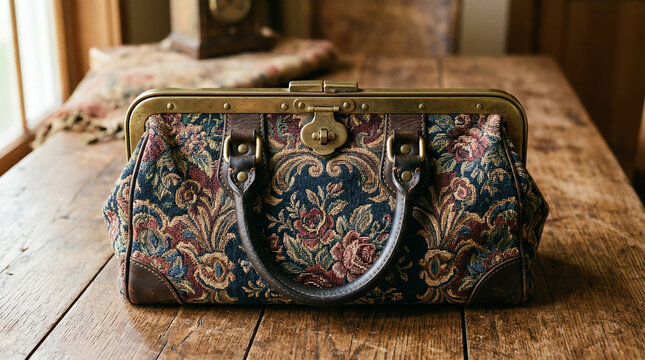 Victorian Carpet Bag with Colorful Tapestry Fabric