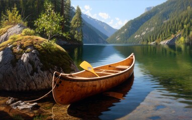 Obraz premium Serene Remote Lake Scene with Traditional Canoe in Valley Landscape
