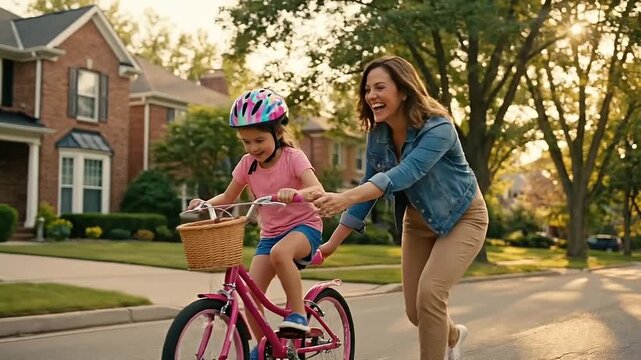Mother helping daughter ride a bicycle with home background. The image depicts a mother helping her daughter riding a bike in front of their home.