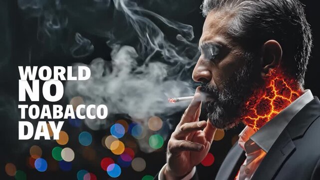 World no tobacco day concept with smoking man and glowing throat