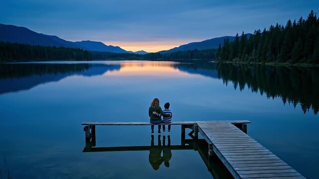A couple sits on a dock, gazing at the beautiful lake and scenery. They seem to be enjoying each other's company while appreciating the views 
