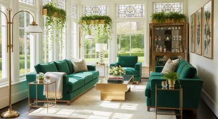 Obraz premium Luxurious Emerald Velvet Living Room With Abundant Natural Light
