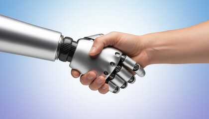 Naklejka premium Close-up of human hand shaking robotic hand against gradient background