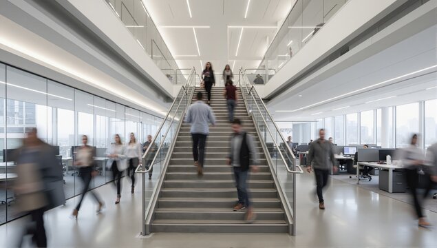 Conterporary office interior. Staircase, mooving people. Speed..
