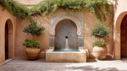 Fototapeta premium Traditional Moroccan Riad Courtyard with Elegant Fountain and Pavilion Design