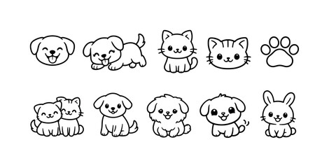 Obraz premium Collection of cute cartoon dogs, cats, and a bunny in simple line art style