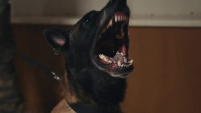 Aggressive barking dog shows dangerous teeth. Combat dog, Angry Animal hard attack head detail, Barking at a person on camera, security Fighting dogs