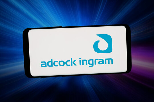 Stuttgart, Germany - 03-18-2026: In this photo illustration, the logo of South African pharma company Adcock Ingram is displayed on a smartphone in front of abstract background on computer screen.
