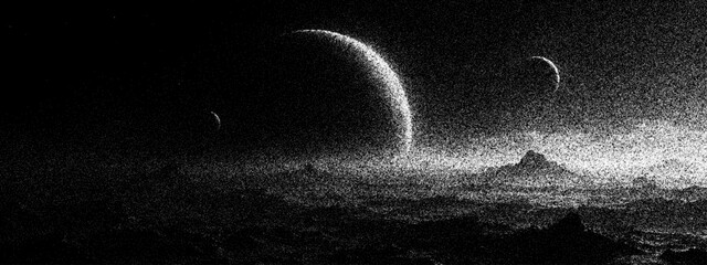 Space landscape with planets and moon in stipple art style. Surreal futuristic horizon with mountain silhouette. Monochrome dotted aesthetic for abstract celestial science background. © hiten666