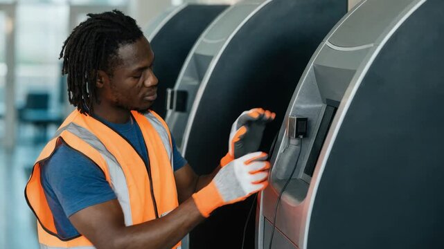 Technician inspecting IoT sensors on ATM machines in a softly blurred lobby emphasizing hands interacting with sensor devices against a streamlined control panel.