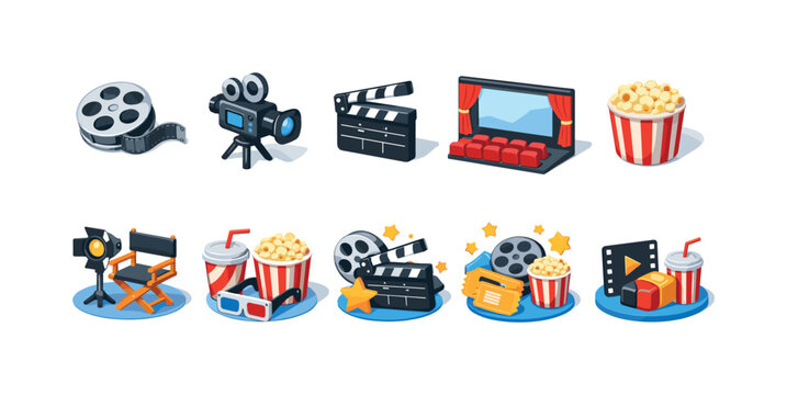 Collection of cinematic icons representing movie production and viewing experiences