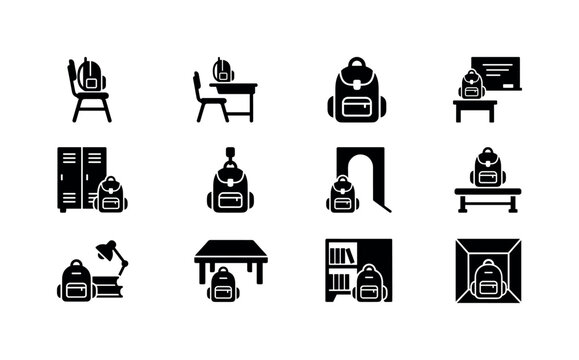 School backpack icons depicting various educational settings and storage solutions