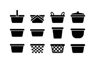 Fototapeta premium Collection of diverse basket and container icons in solid black silhouette