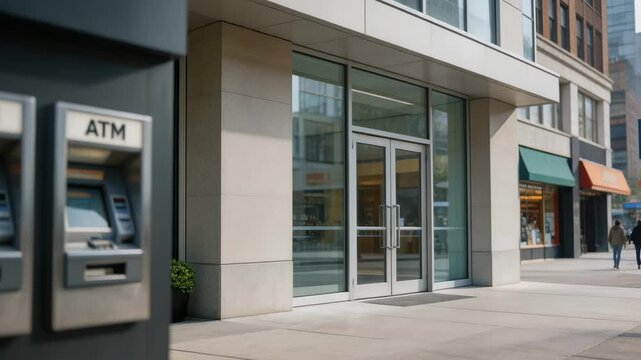 Medium shot of a downtown retail bank exterior with clear signage and glass doors the ATM zone visible but softly blurred in the foreground.