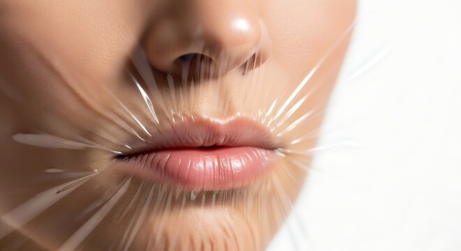 Close-up of woman's mouth covered by clear plastic wrap, conveying sensation of suffocation or restriction.