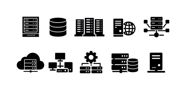 Collection of server and data icons representing cloud computing and network infrastructure