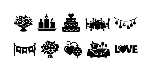 Obraz premium Collection of romantic wedding and celebration icons in black and white