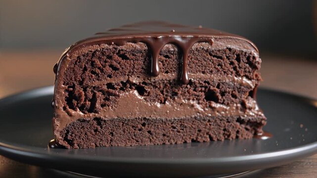 A decadent slice of rich chocolate cake sits on a black plate indoors