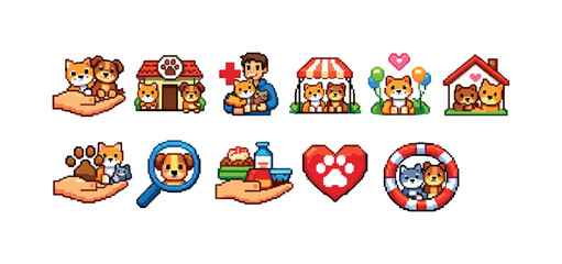 Fototapeta premium Cute pixel art collection of dogs and cats in various caring and playful scenarios