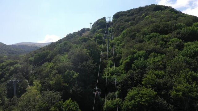 Aerial footage captures a chairlift moving through a lush green forest, eventually revealing a charming mountain resort nestled in a scenic valley on a bright, sunny summer day.

