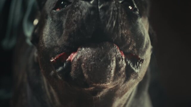 Aggressive barking dog shows dangerous teeth. Combat dog, Angry Animal hard attack head detail, Barking at a person on camera, security Fighting dogs