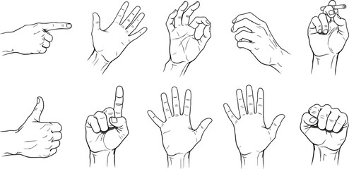 Black and white illustration of hand gestures, line drawing artwork, communication signs, cultural symbols, expressive posture sketch, detailed design reference