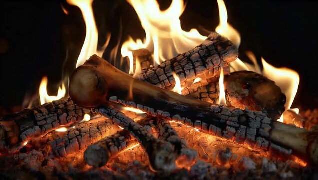 Dramatic 4K cinematic shot of skeletal remains engulfed intense orange flames against black isolated background symbolizing the destruction of power and the total incineration of ancient secrets