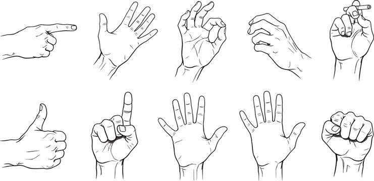 Black and white illustration of hand gestures, line drawing artwork, communication signs, cultural symbols, expressive posture sketch, detailed design reference