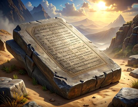 Stone tablet with indecipherable writing rests in a desert, mountains in the distance