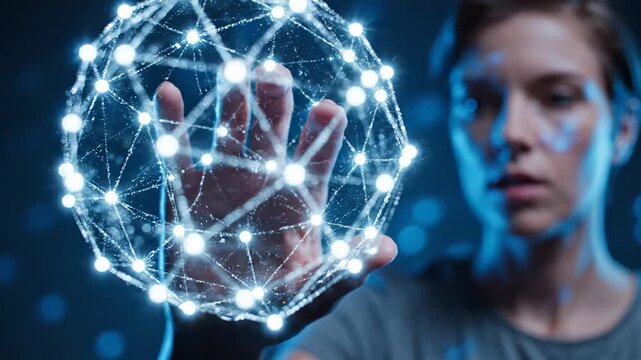 A young woman's hand gently interacts with a luminous sphere, forming an interconnected network representing artificial intelligence processing and transmitting vast amounts of global information.
