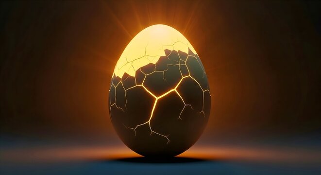 Cracked chocolate Easter egg with glowing interior, dramatic lighting, festive dessert concept