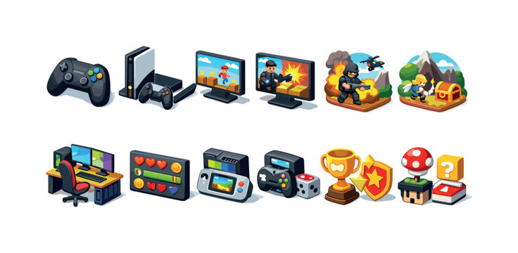 Collection of colorful isometric video game icons and elements