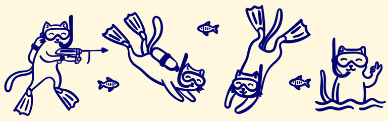 hand drawn cat scuba diving and snorkeling vector set funny kitten characters underwater with flippers and masks for stickers and prints © pani_Nadichka