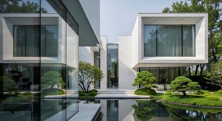 Fototapeta premium Contemporary luxury villa exterior with garden and glass facade architecture