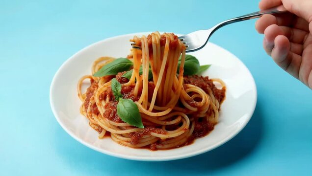 Appetizing 4K culinary visual of fork twirling spaghetti with vibrant tomato sauce and basil delivered as high quality food concept on turquoise background