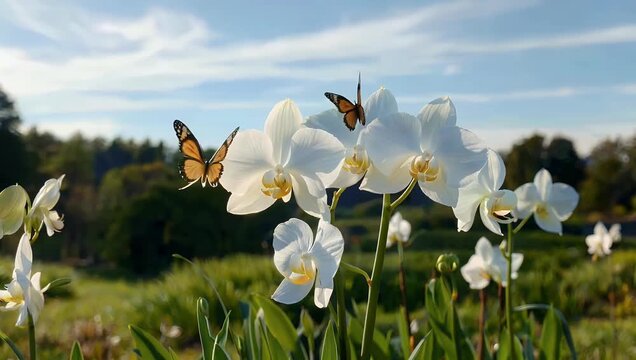Graceful 4K floral visual of elegant white orchids blooming soft focus garden showcasing delicate petals and dreamy background for serene interior decor and wellness themes